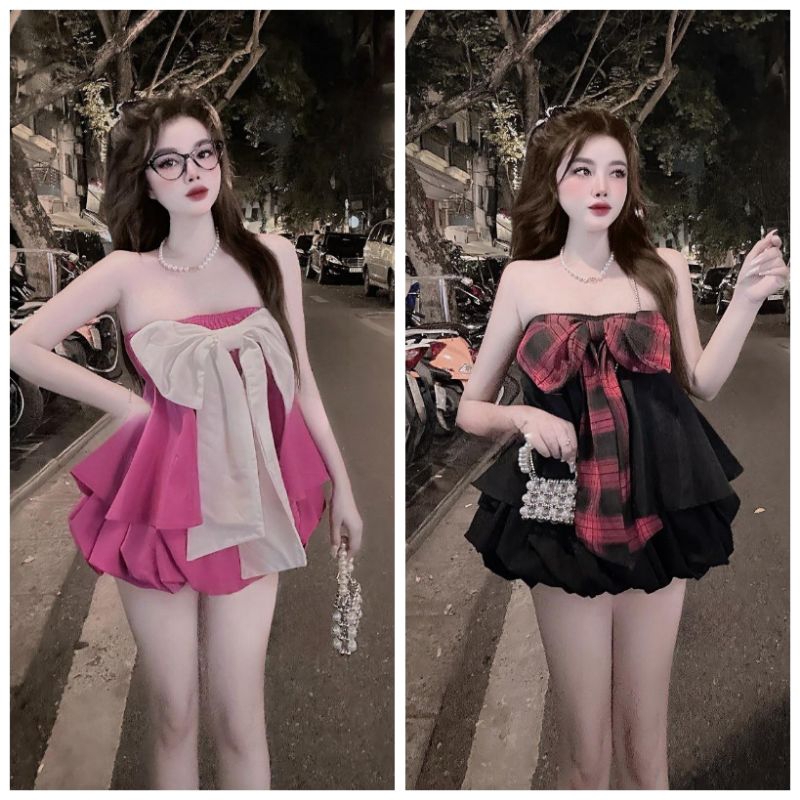 ชุดผู้หญิง เสื้อสายเดี่ยวโบว์ใหญ่ + กางเกงพองน่ารัก