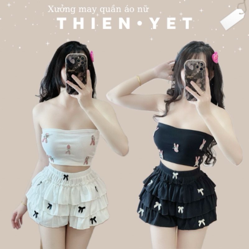 [ เสื้อ + กางเกง ] เสื้อครอปสายฝอ กระต่ายนูน + กางเกงชั้นโบว์จั๊ม - นี่ ยัง