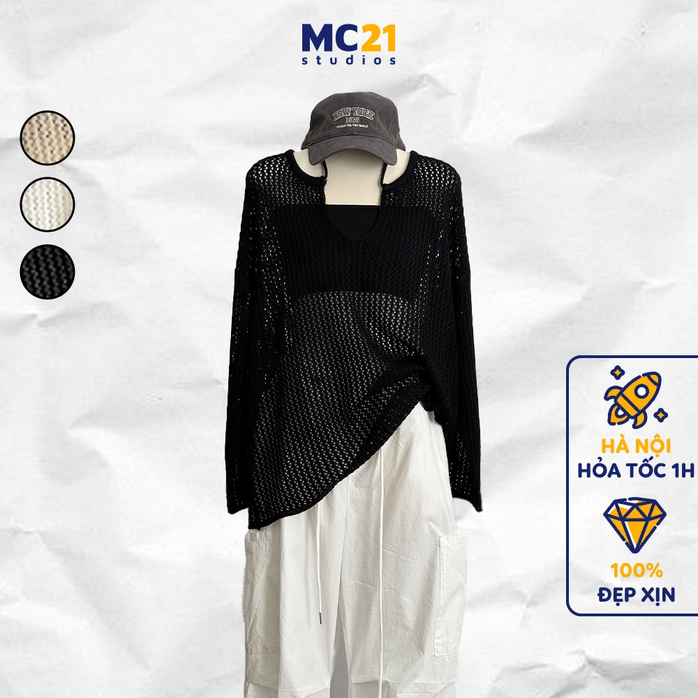 เสื้อกันหนาวตาข่าย MC21.Studios แขนยาวฟรีไซส์ Ulzzang Streetwear เสื้อยืดเกาหลีดึง A4162