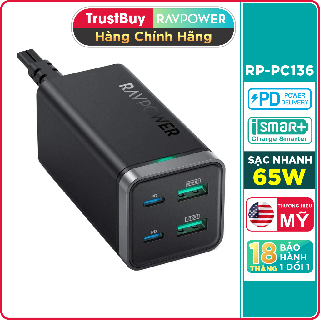 โทรศัพท์ PD ที่ชาร์จแล็ปท็อป 65W, 2 พอร์ต USB และ 2 พอร์ต Type-C RAVPower RP-PC136 - ที่ชาร์จแล็ปท็อ