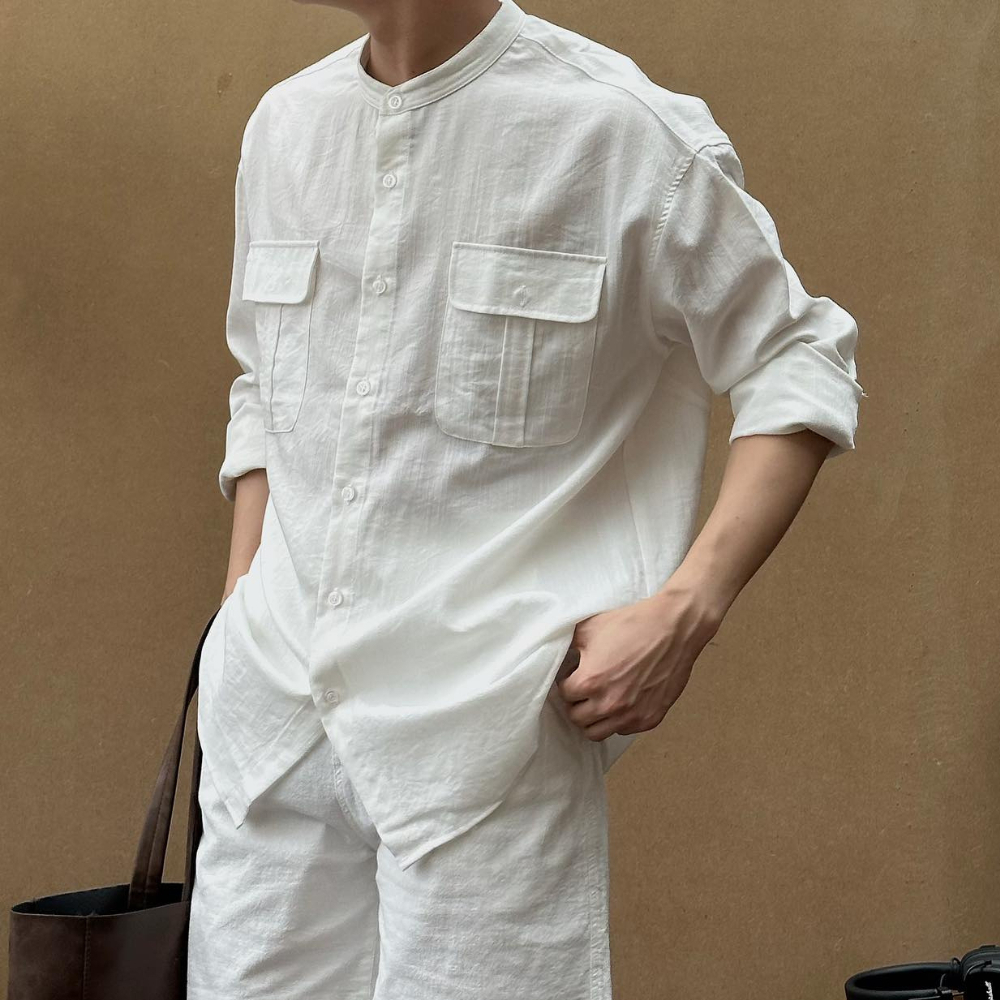 Hot New Mens Long-Sleeved Oxford Linen Shirt White Black Boy Local Brand Son Tung. MTP Chinese Antiq