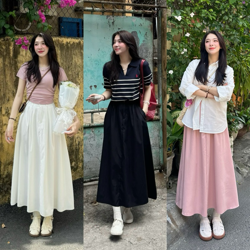 (OLDSCHOOL ITEM) กระโปรงสีกากี 1 ชั้นจีบยาว