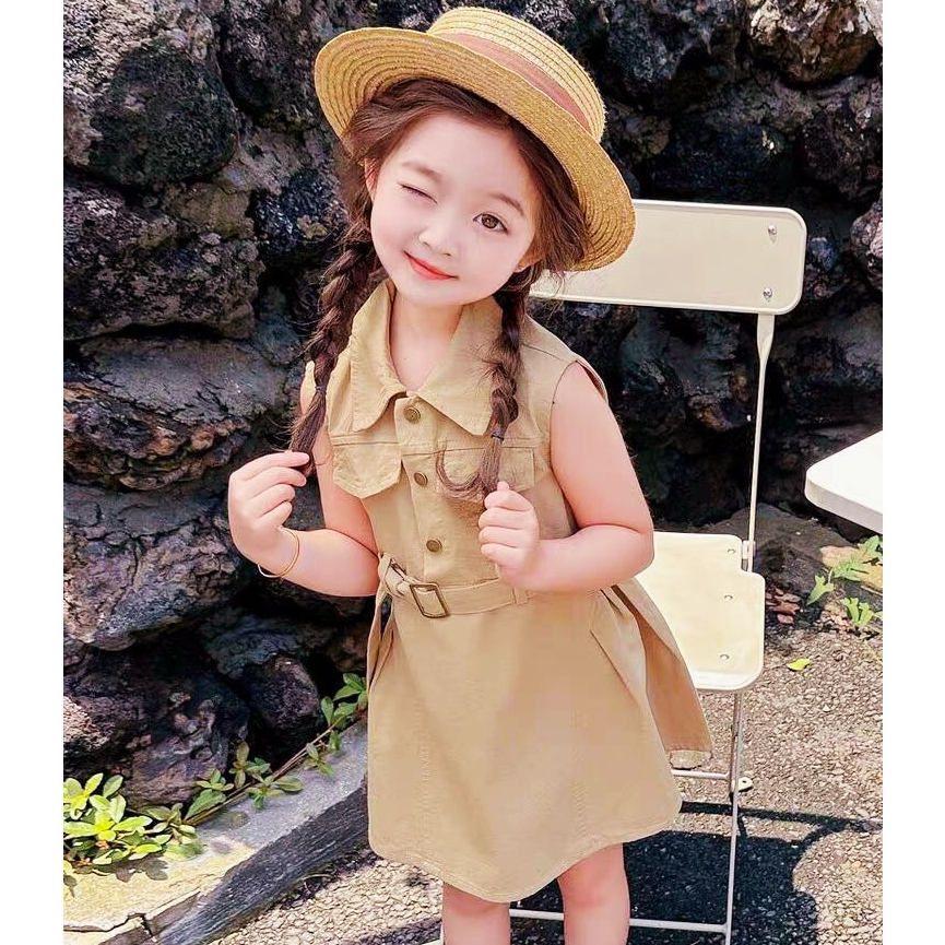 ชุดเดรสเด็กผู้หญิงสีกากีทรงคอเต่าแขนกุดเด็กตั้งแต่ 1 ขวบถึง 5 ขวบ