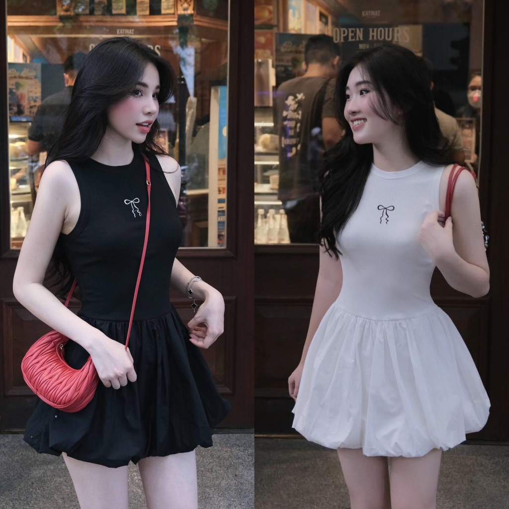 [สินค้าดีไซเนอร์]: เดรสซิปใต้วงแขนทรงฟักทองปักริบบิ้นที่อกและซิปหลังมีซับในพร้อมรูปถ่ายจริง ฮ่าๆ