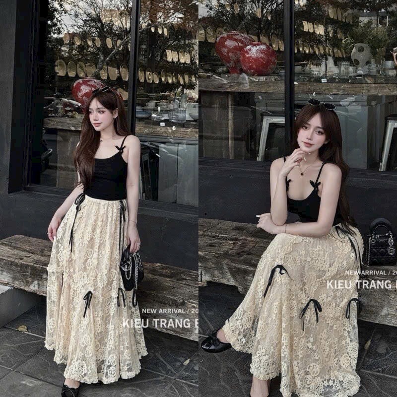 ชุดเซ็ทเดรสแฟชั่นผู้หญิง ออกงาน เสื้อสายเดี่ยว 2 สายสีดํา พร้อมกระโปรงลูกไม้ผูกโบว์บาน แมกซี่ จักรยานเสือภูเขา