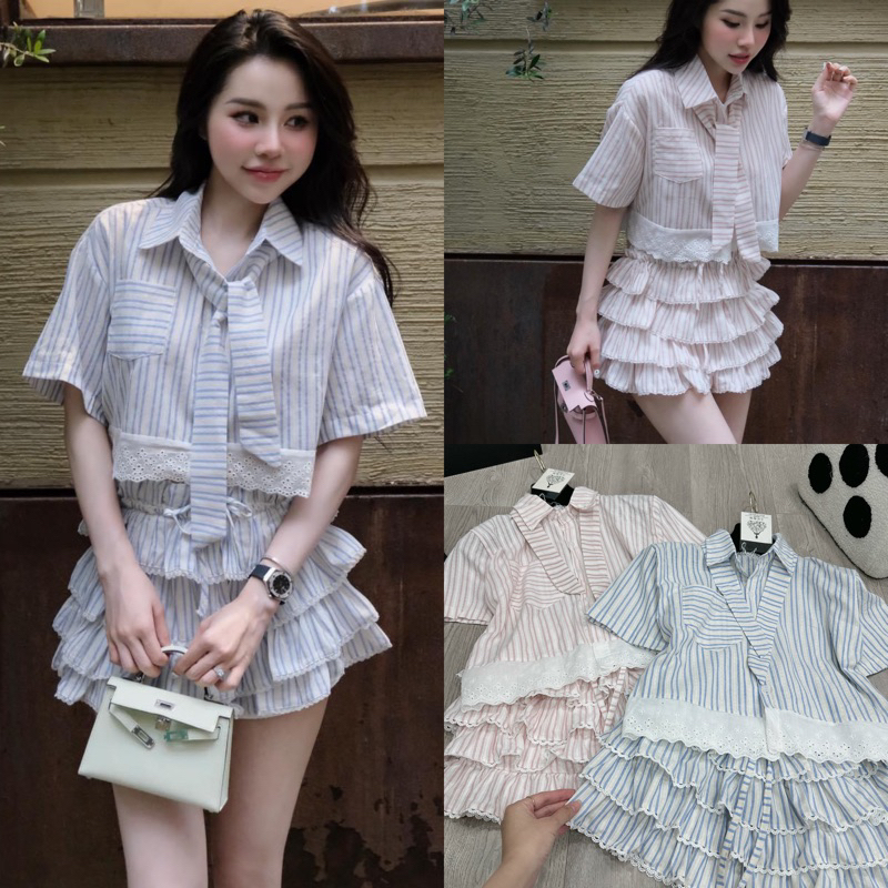 [สินค้า 3 ขนาด] ชุดเสื้อยืดลูกไม้ดอกไม้ลูกไม้ 2 สี พร้อมเนคไท + กระโปรงพลีทชั้นลูกไม้ รูปถ่ายจริง โลลาเย พื้น ครอบคลุม