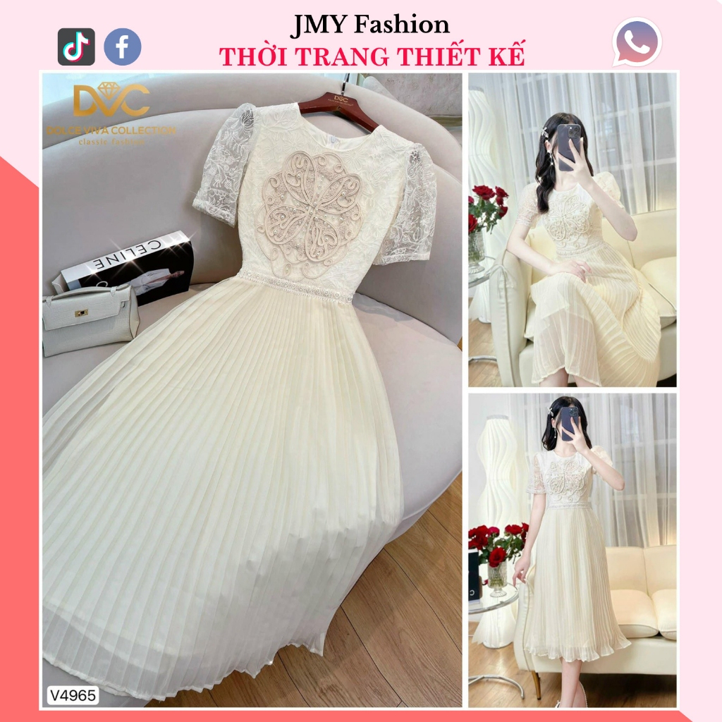 V4965 เดรสลูกไม้สีครีมกระโปรงชีฟองบานหรูหรา [Dolce Viva Collection (DVC)] เดรสครีมบานดีไซน์หรูหรา
