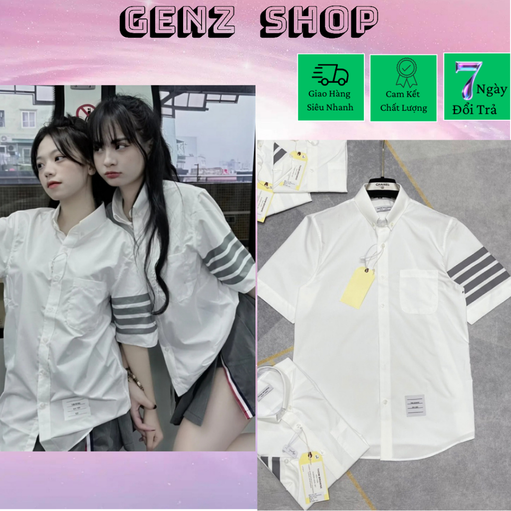 Thome Browne เสื้อเชิ้ตสําหรับผู้ชายและผู้หญิงสีขาว 4 แถบสีเทาแขนสั้นผ้าไหมผ้าฝ้ายคุณภาพสูงที่มาแรงท