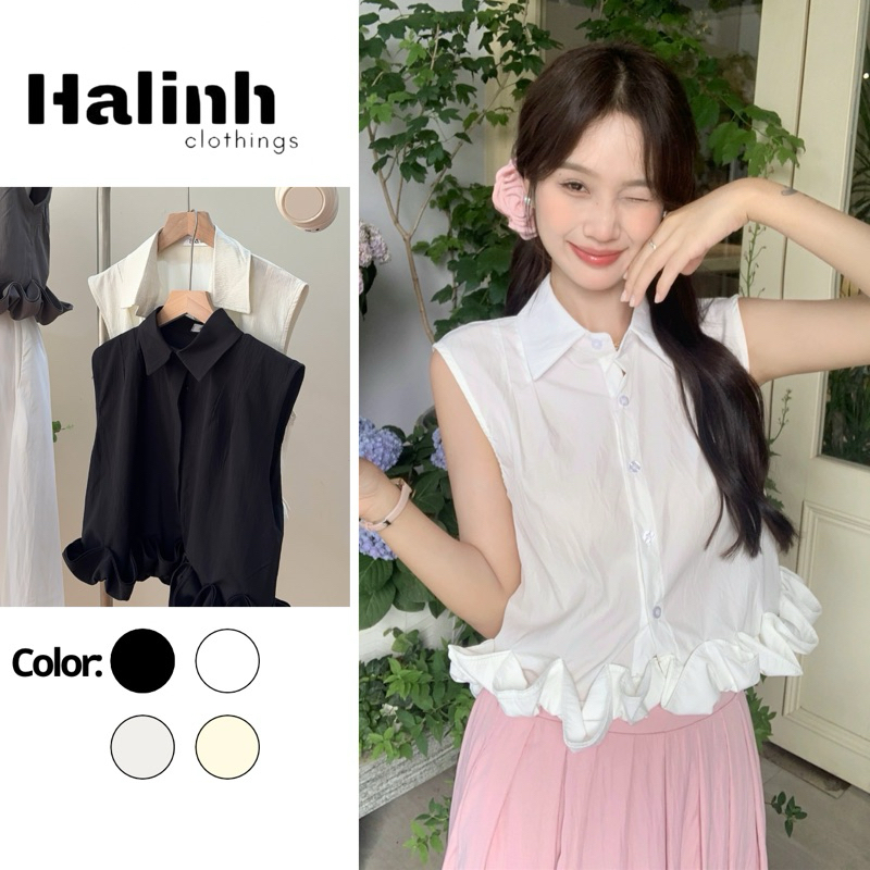เสื้อแขนกุดสั้นแต่งระบายบานผ้าย่น ฮาลินห์ ม179
