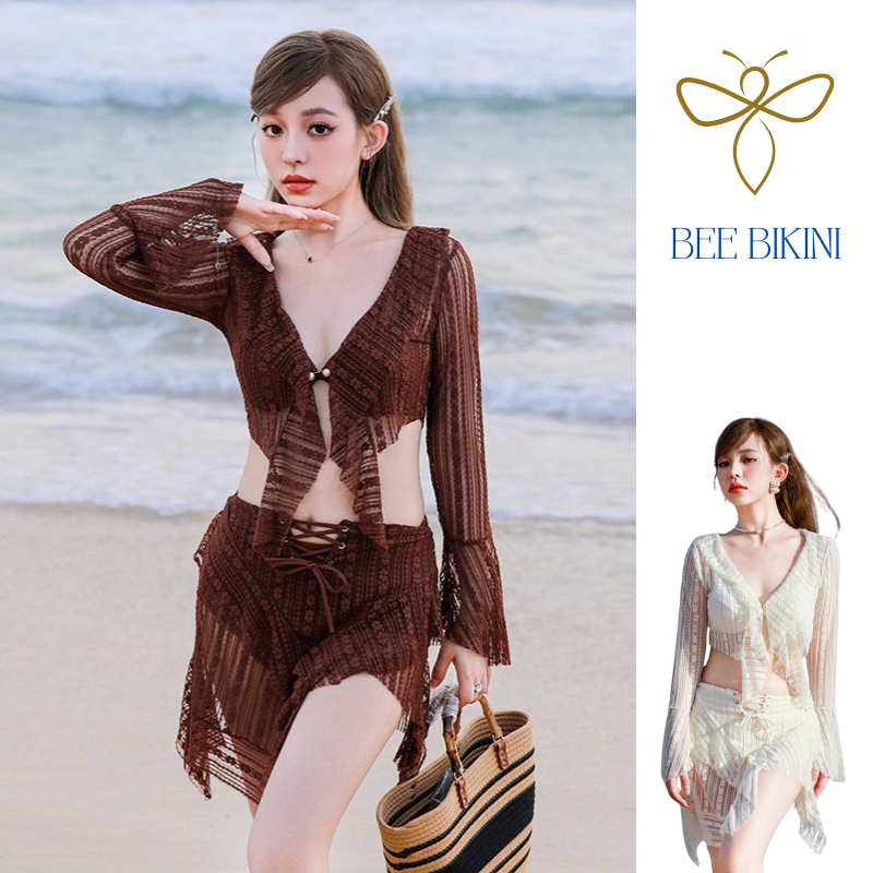 บิกินี่ชุดว่ายน้ําชายหาด 3 ชิ้น Ruffles คอนซีลเลอร์ Flattering ครีมกันแดดแขนยาว (B2)