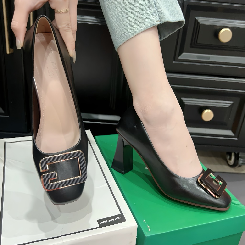 รองเท้าส้นสูงผู้หญิงน่ารัก 5P และ 7P Square Toe Square Buckle รองเท้า CaoGotGiiVuong