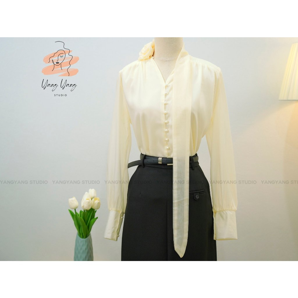 เสื้อคอปกกุหลาบ ชีฟองผ้าไหม สไตล์คุณนาย อ่อนโยน HTN196115