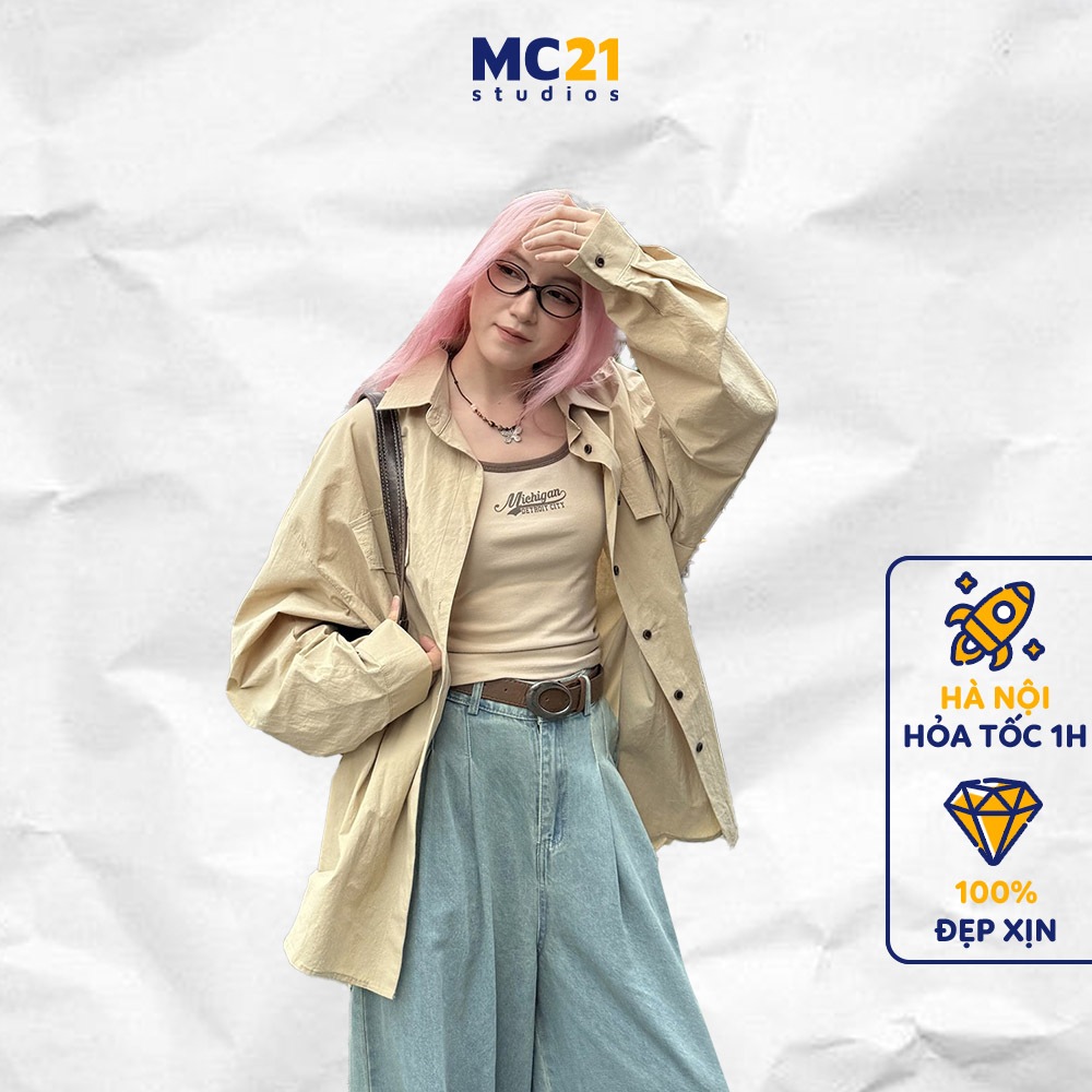 Mc21 เสื้อเชิ้ตแขนยาวธรรมดา.Studios แจ็คเก็ต oversize Unisex Ulzzang Streetwear เกาหลี A4158