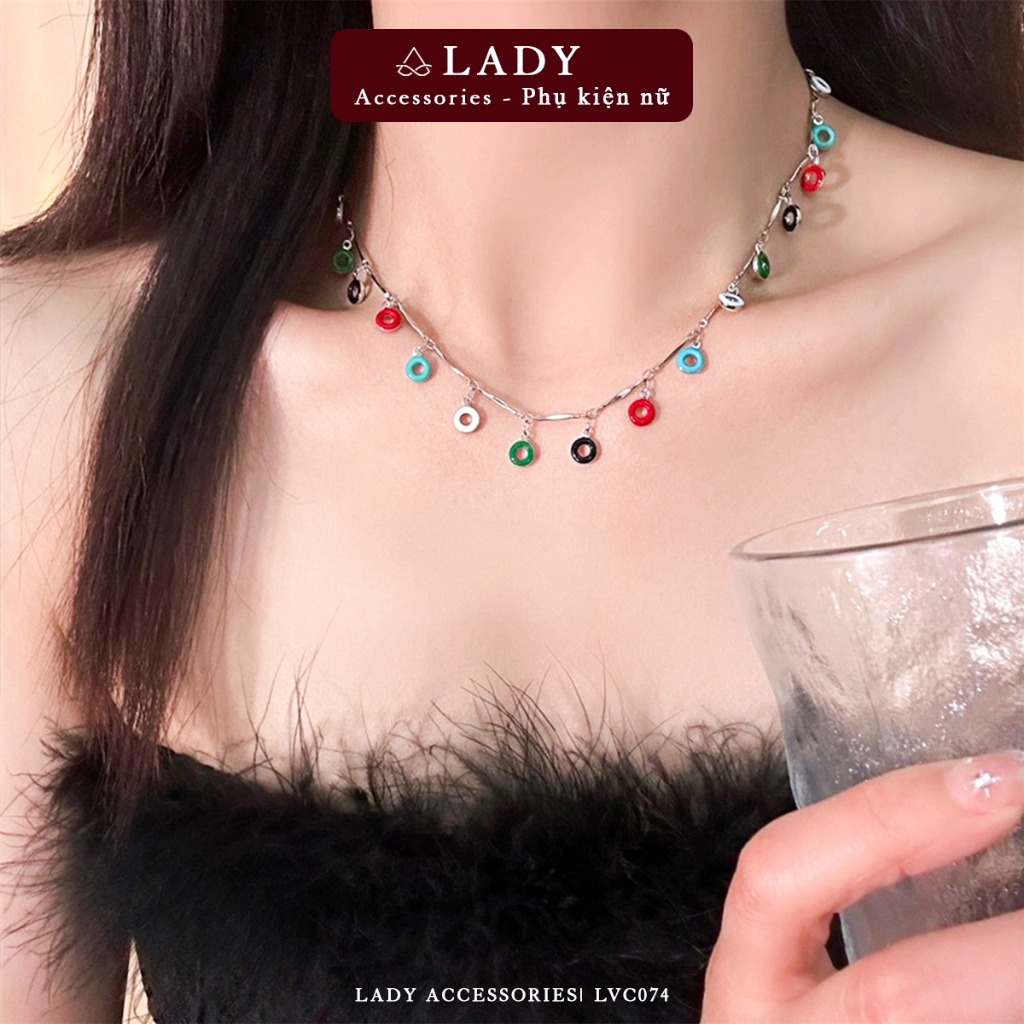 Lady Accessories สร้อยคอโชคเกอร์โดนัทพู่สีสันสดใสสําหรับผู้หญิง - LVC074