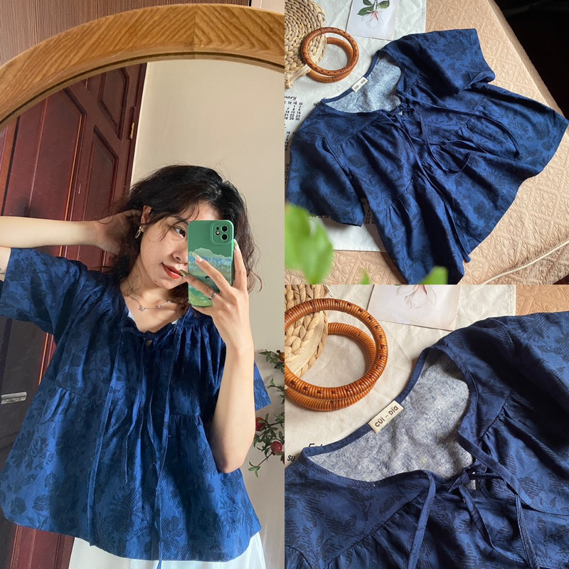 (มีจําหน่าย) เสื้อเชิ้ตสไตล์เบบี้ดอลล์ 3 ชั้นในลินินลายดอกไม้สีฟ้าดํา ผ้าหนาเย็น ผิวบางเบา Tender Night