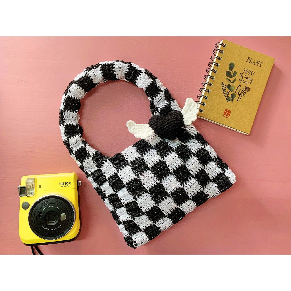 สีดําและสีขาว MINI CARO TOLE BAG_HANDCRAFT HOOK