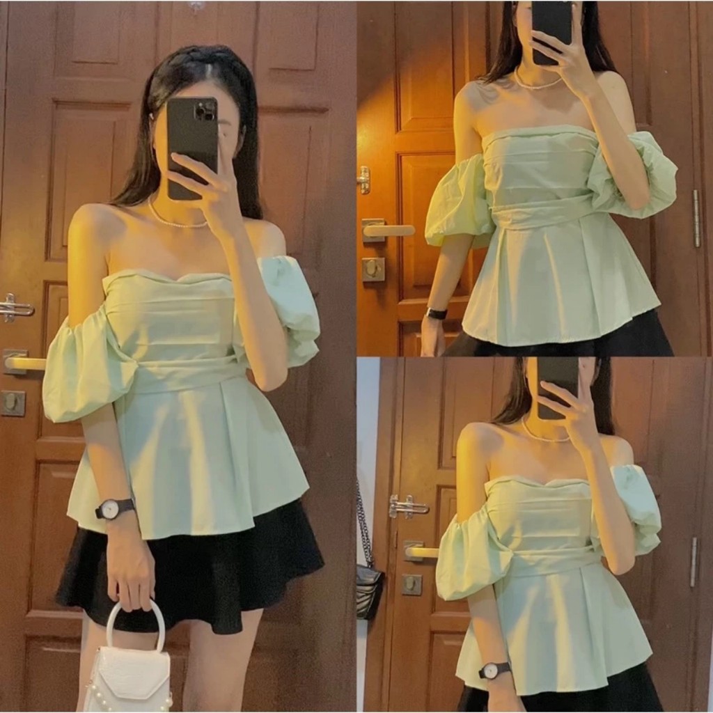 Babydoll PEPLUM Low Shoulder Shirt Spread Sleeve จีบผ้าชีฟองน่ารัก A14