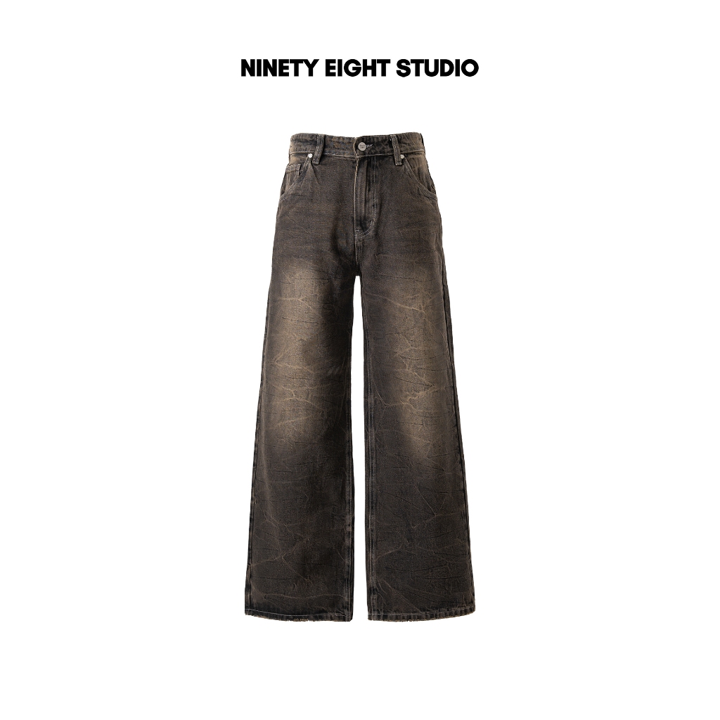 Ninety Eight Wide Leg Washed JEANS - DIRTY WASH JEANS สีดํา