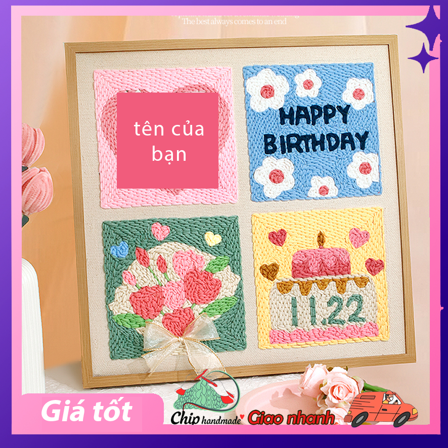 ชุดปักมือขนสัตว์ลายนูนแบบ Diy Punch Needle - ชุดปักขนสัตว์สุขสันต์วันเกิดพร้อมงานปักทรงกลมชิปแฮนด์เมด