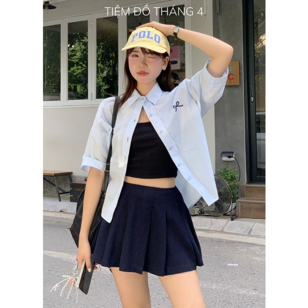 Tdt4 - กระโปรงสั้นมีซับใน Size SM ผ้าคอตตอนลายทางสีน้ําเงิน RIBI SKIRT