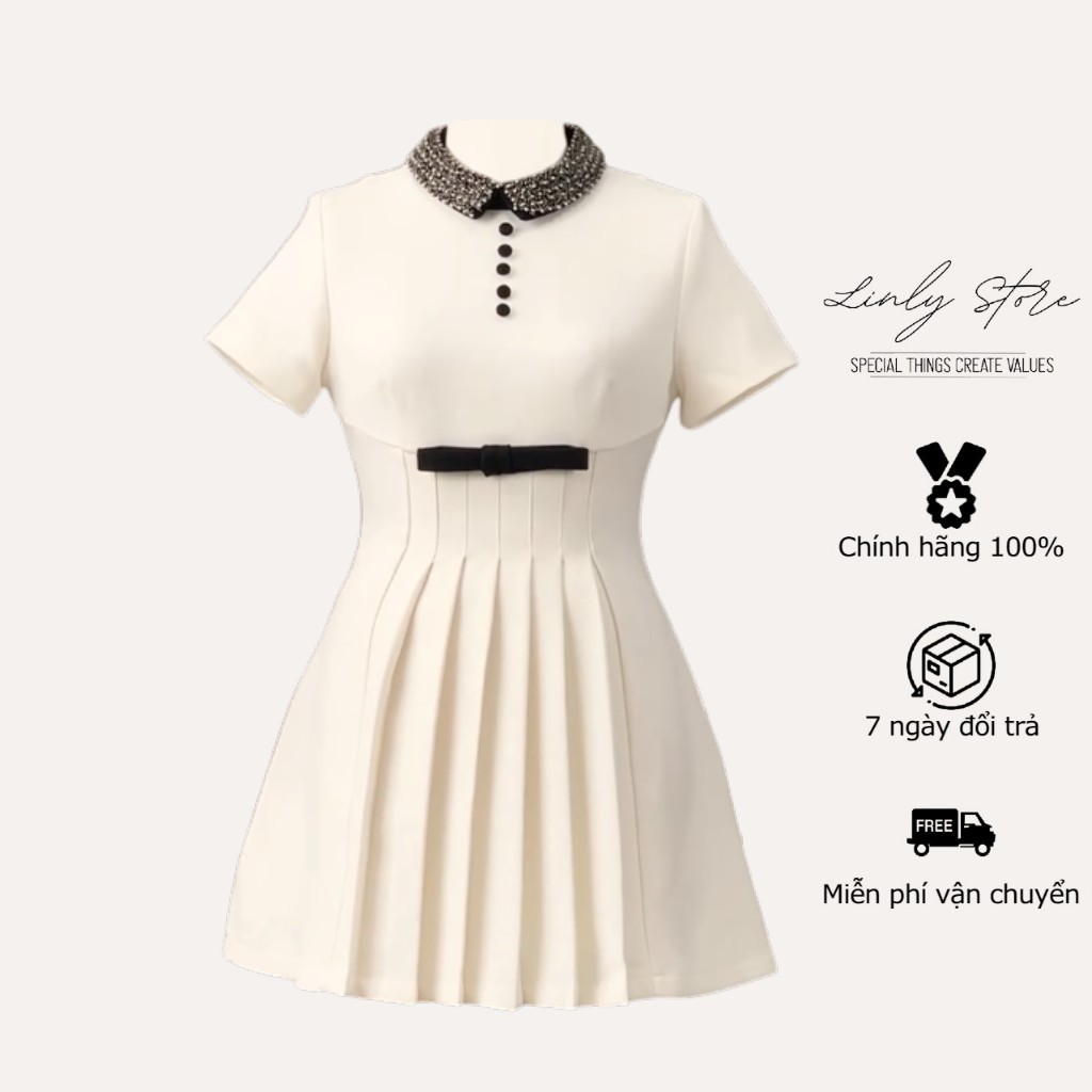 เดรสสั้นผู้หญิงคอปกลูกปัดผูกโบว์ Linly Store V-VPC8