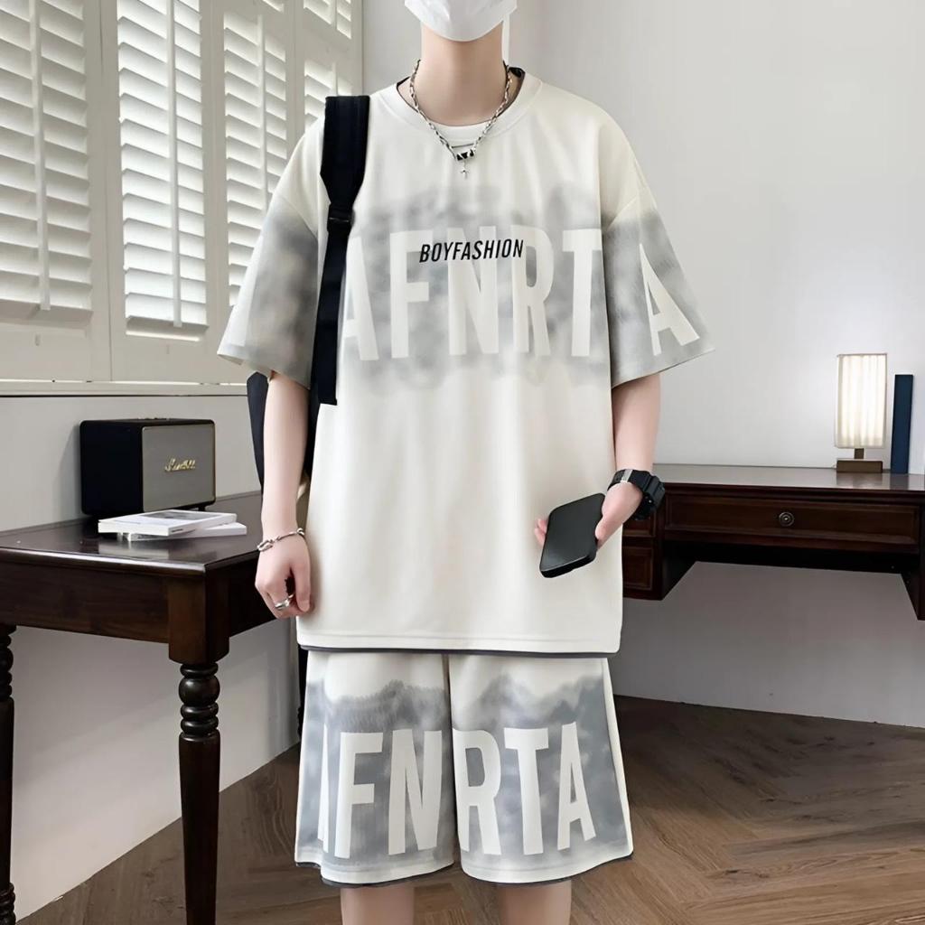 UMA STORE เสื้อผ้าผู้ชายชุด AFNRT ขนาดใหญ่พิมพ์ความร้อน Pressed วัสดุวาฟเฟิลรอบคอเยาวชนบุคลิกภาพ SPB