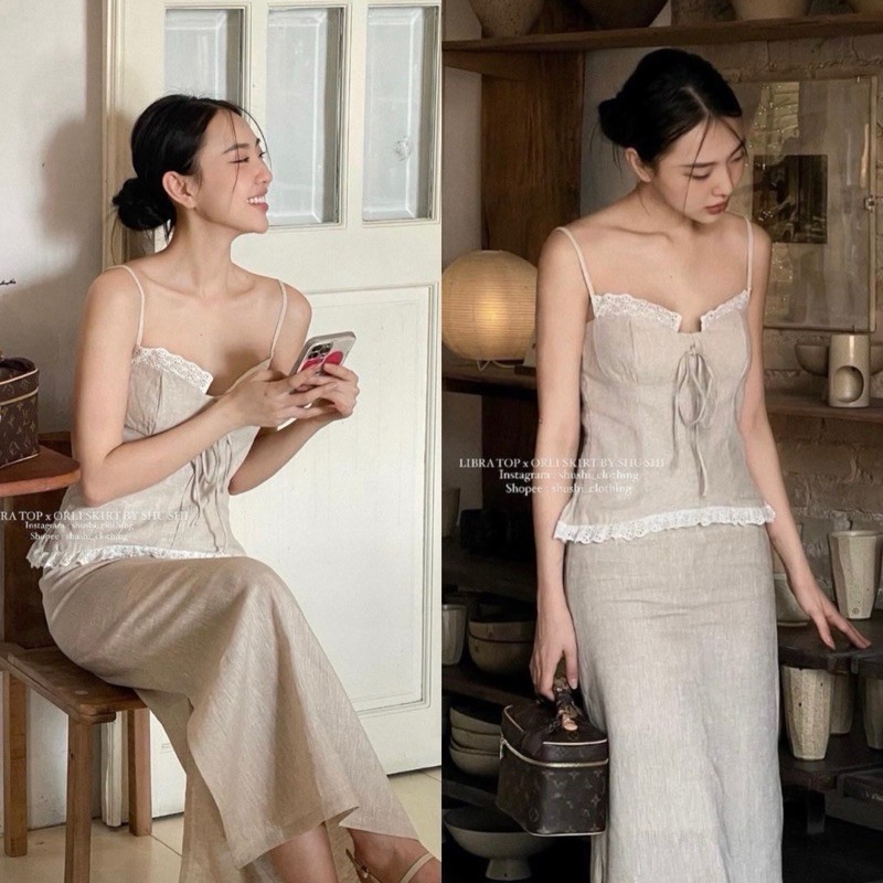 ชุด 2 สาย LINEN BLOUSE พร้อมลูกไม้ + MIDI CREAM SKIRT สําหรับเด็กผู้หญิง GOING OUT และ PARTY