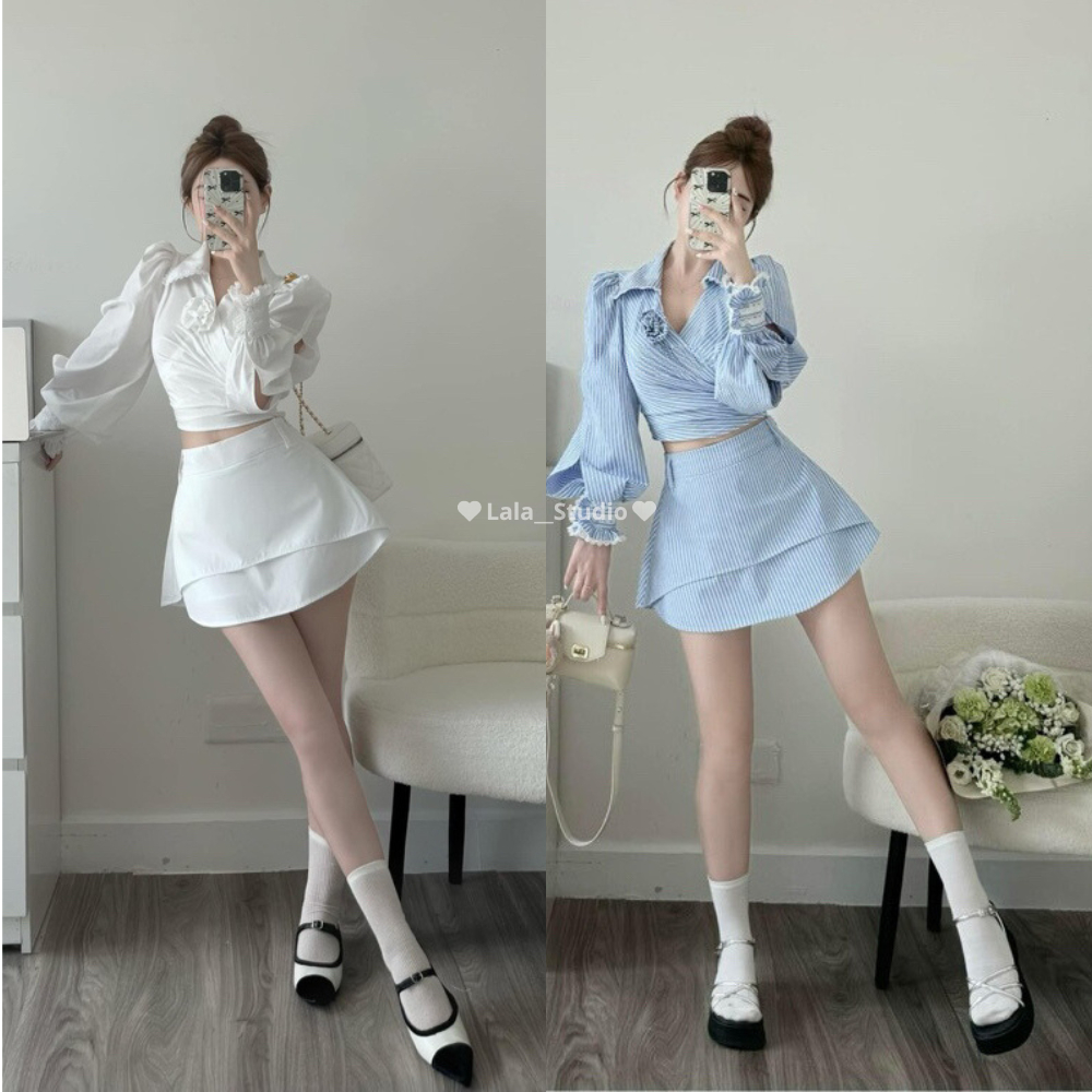 ลิน่า ชุด • เสื้อคอวีผูกโบว์หลังพร้อมกระโปรงพร้อมกางเกงขาสั้นเซฟตี้