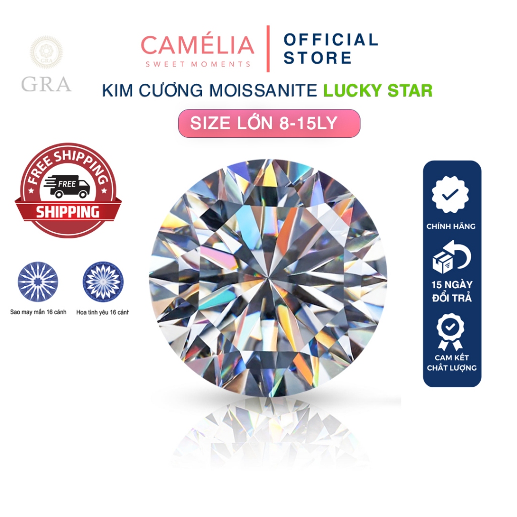 (ขนาดตั้งแต่ 8-15 มม.) เพชรเทียมอเมริกัน Moissanite รอบตัด D/FL Lucky Star (16H&A) - CAMELIA