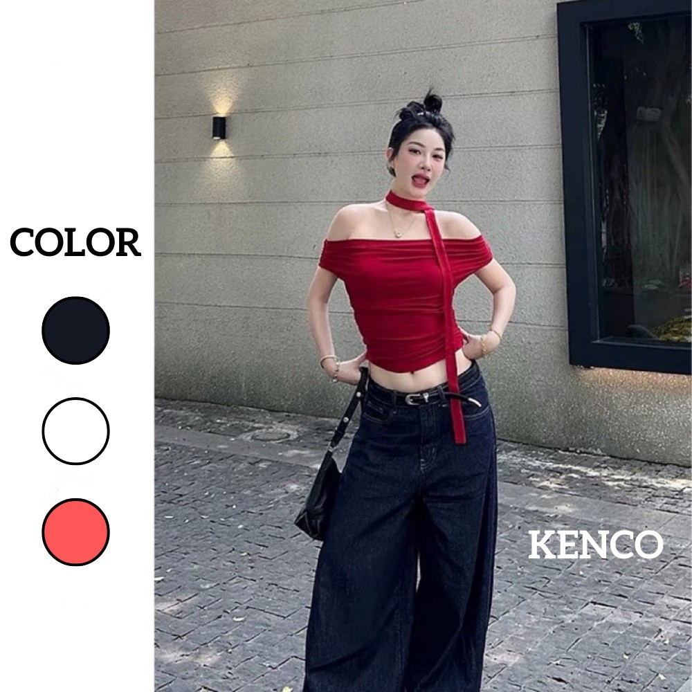 เสื้อปาดไหล่ผู้หญิง WITH STRAP แขนยางยืดผ้าฝ้ายนุ่ม Z24 เสื้อผ้า justdun Kenco