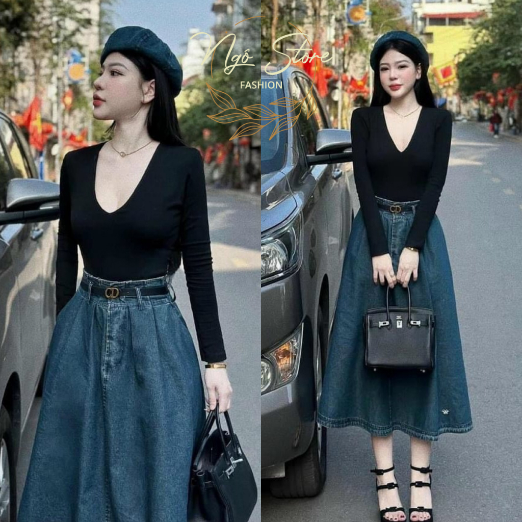 ชุดเดรสผู้หญิงดีไซน์ระดับไฮเอนด์ ชุดเซ็ตเสื้อเชิ้ตสีดําปกหัวใจแขนยาวรวมกับกระโปรงยีน การควบคุมคุณภาพ พร้อมเข็มขัดสุดหรูเพื่อไปทํางานปาร์ตี้