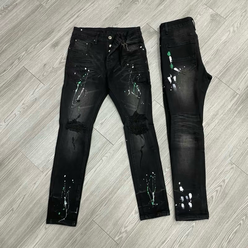 กางเกงยีนส์สีดําผู้ชาย Amiri พู่ฉีกขาดและสีย่นที่เข่า 3D street boy