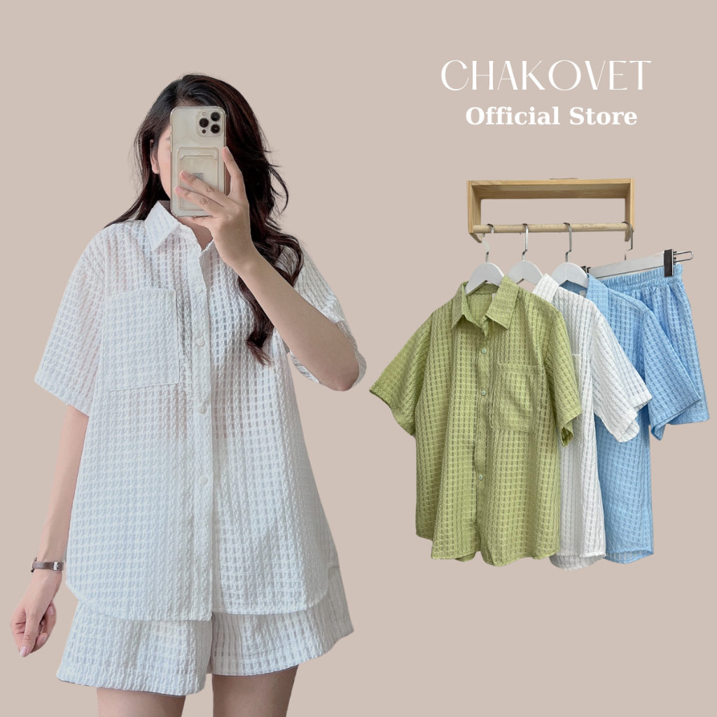 เสื้อเชิ้ตผู้หญิงเกาหลีสุดฮอต Set S8393 เสื้อเชิ้ตแขนสั้นผู้หญิงลายทางทรงหลวมพร้อมกางเกงขาสั้น Ulzzang สุดน่ารัก - CHAKOVET