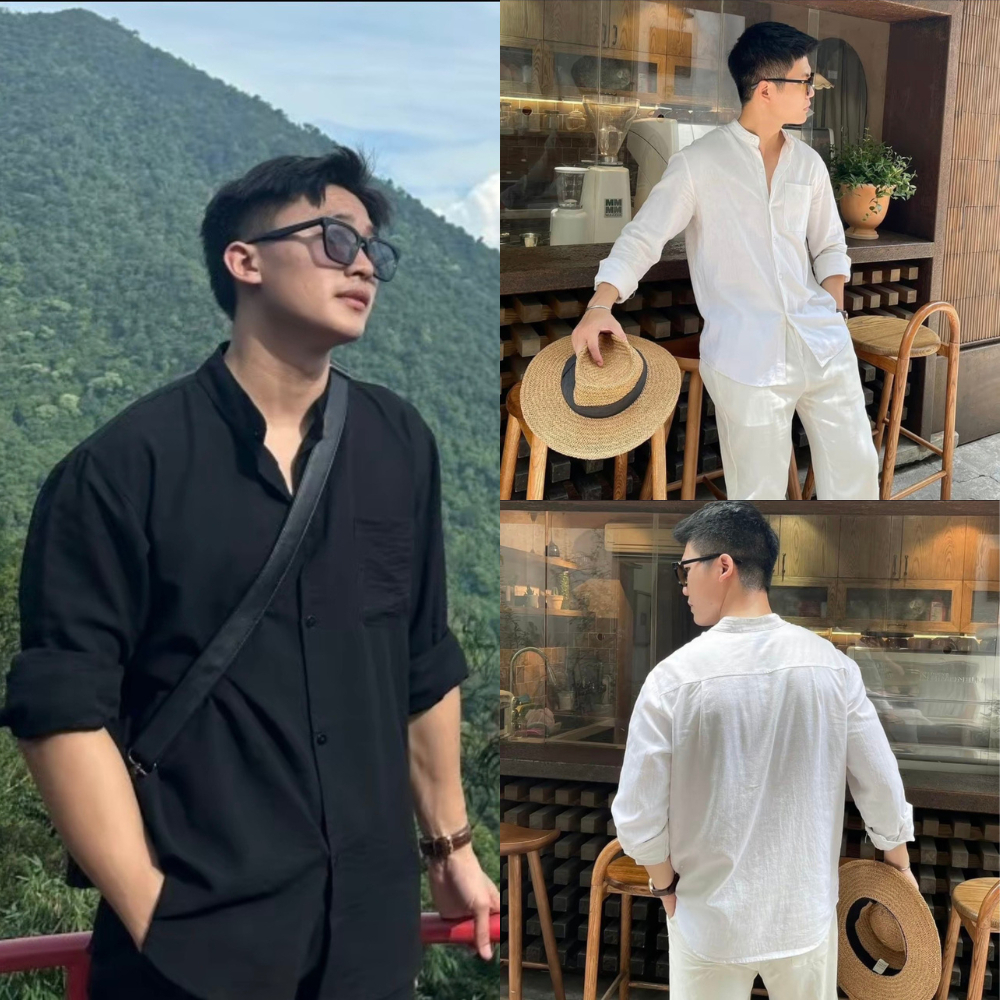 HOT Oxford เสื้อเชิ้ตผ้าลินินแขนยาวผู้ชายสีขาวสีดํา Boy แบรนด์ท้องถิ่น Son Tung MTP คอจีนผู้ชาย 2 กร