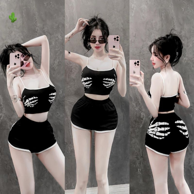 ผู้หญิง ชุดเสื้อครอปแขนกุดเสริมฟองน้ํา+กางเกงขาสั้นวิ่งริม