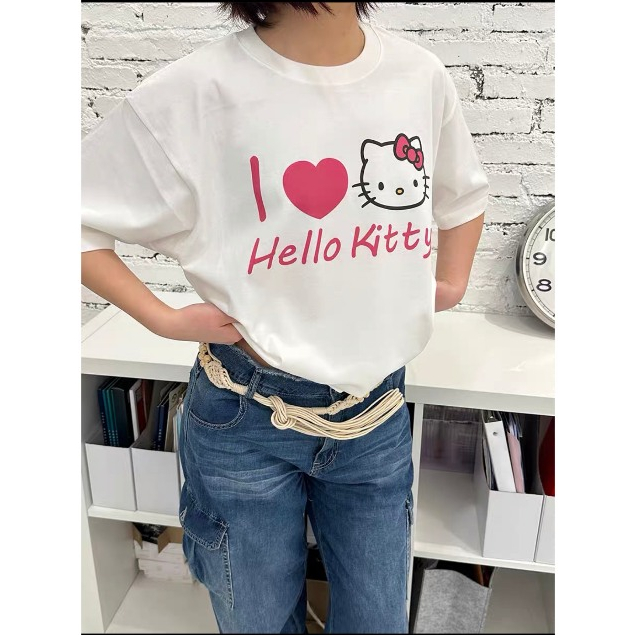I LOVE KITTY Basic Loose T-shirt Logo คุณภาพสูง ยืด ผ้าคอตตอนหนา BY XOXOXIAO