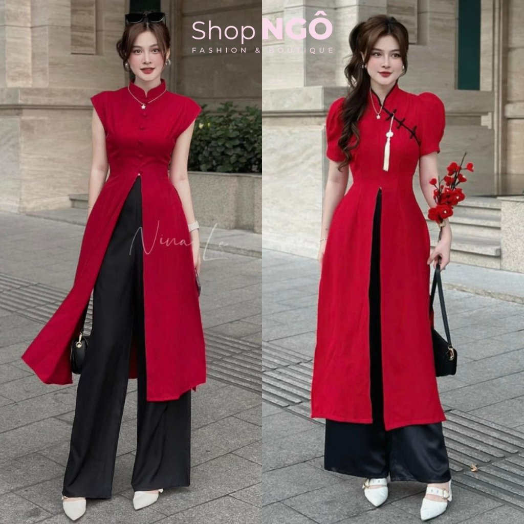 Modern ao dai ชุดคอปกรถไฟทําจากกํามะหยี่ ดีไซน์ไฮเอนด์ผ่ายาว + INCLUDED สีดํา SUNTS เทรนด์แฟชั่นใหม่