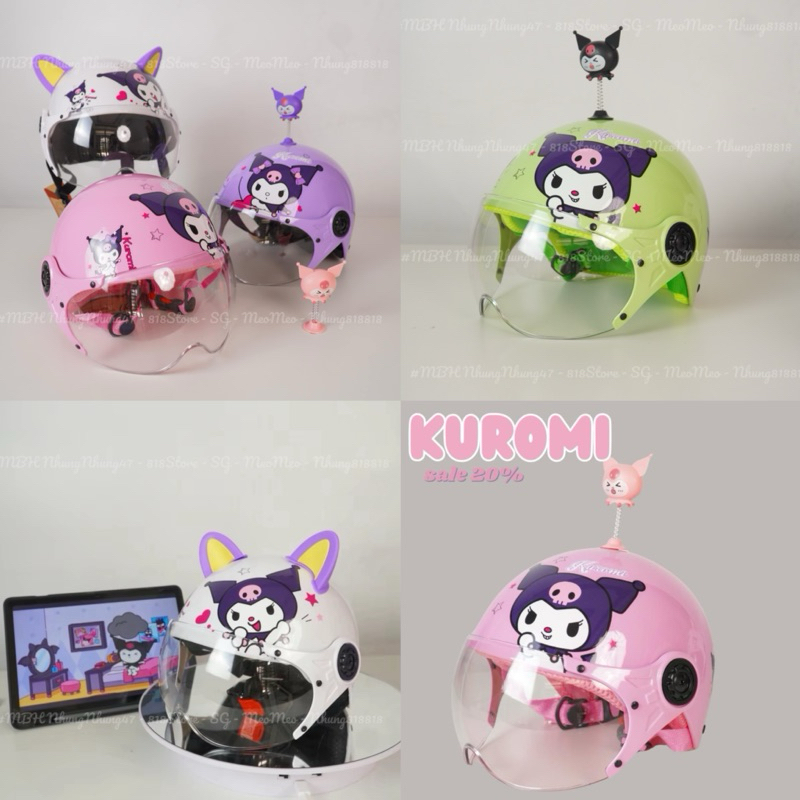 หมวกกันน็อคเด็กสําหรับ CHILDREN 2 ถึง 10 ปี OLD, KUROMI PATTERN พร้อมกระจกมาตรฐานพร้อมหูแมว, PINCH, KURUMI EARRINGS