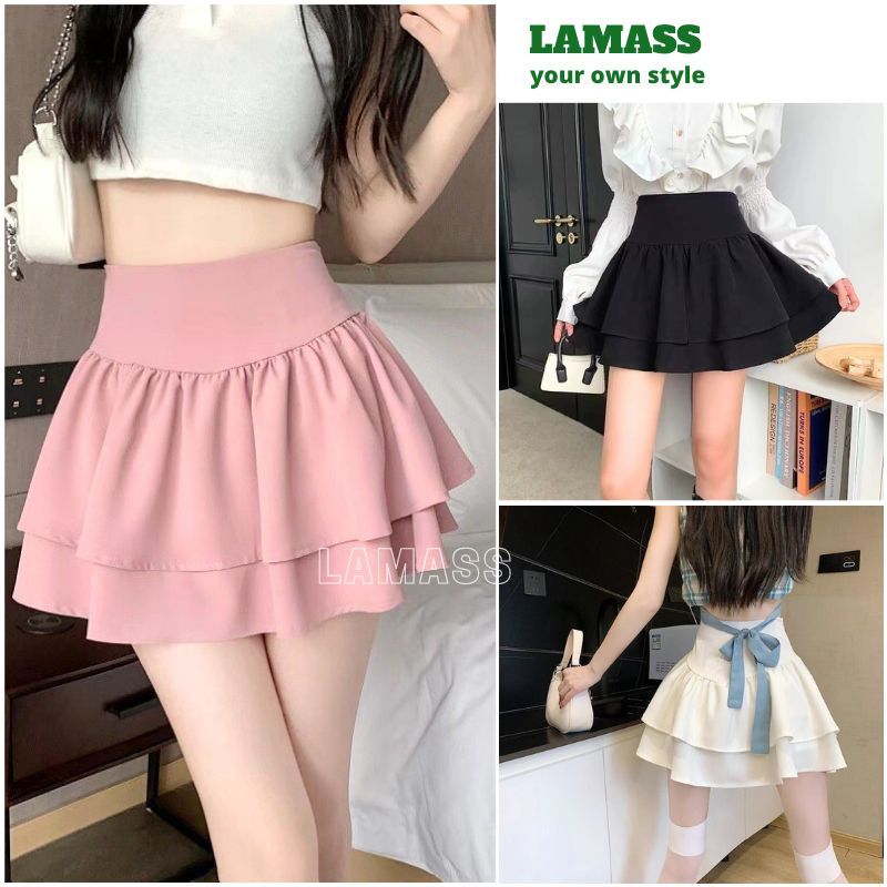 กระโปรงสั้น 2 ชั้น พร้อมกางเกงเอวยางยืดเอวสูง เข้ากับฟิกเกอร์ Xquin กระโปรงบานผู้หญิง - LAMA