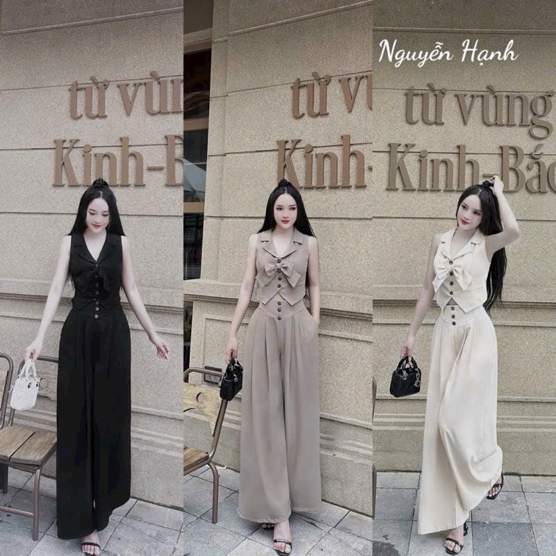 ชุดดีไซน์หรูหราและสง่างามสําหรับเด็กผู้หญิงเดินรอบ 3 สีชุดเสื้อกั๊กแขนกุดโบว์และกระดุมแนวตั้งนูนคู่กับกางเกงหลวม