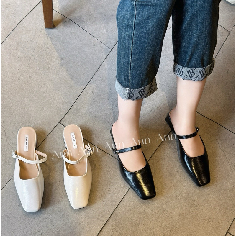 รองเท้าแตะเปิดส้นสไตล์เรียบง่ายหนังเรียบสายไขว้ QCCC fullbox SU101 ANN_Offical