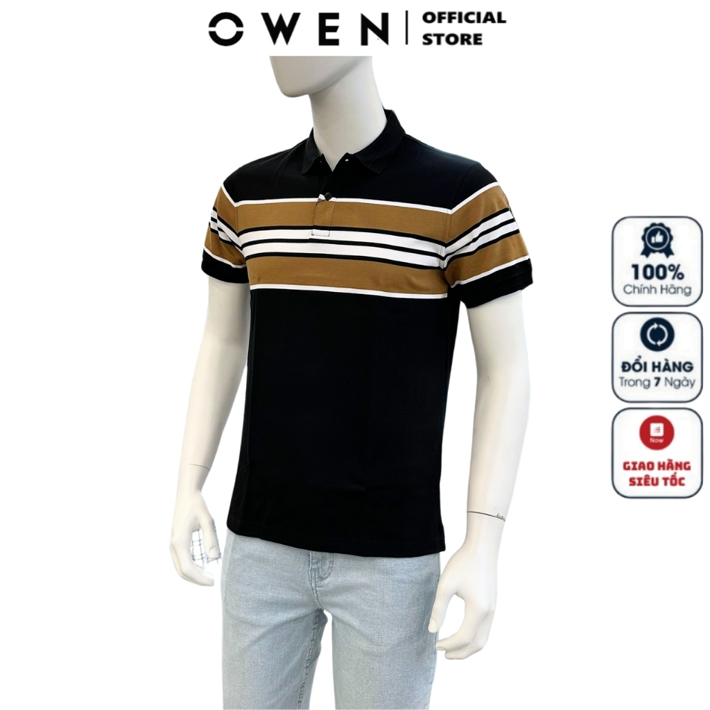 OWEN APV เสื้อโปโลผู้ชายแขนสั้นคอปก233176 เสื้อยืดสีดําแถบน้ําตาลขาวไขว้หน้าอกผ้าคอตตอนอย่างดีเข้ารู