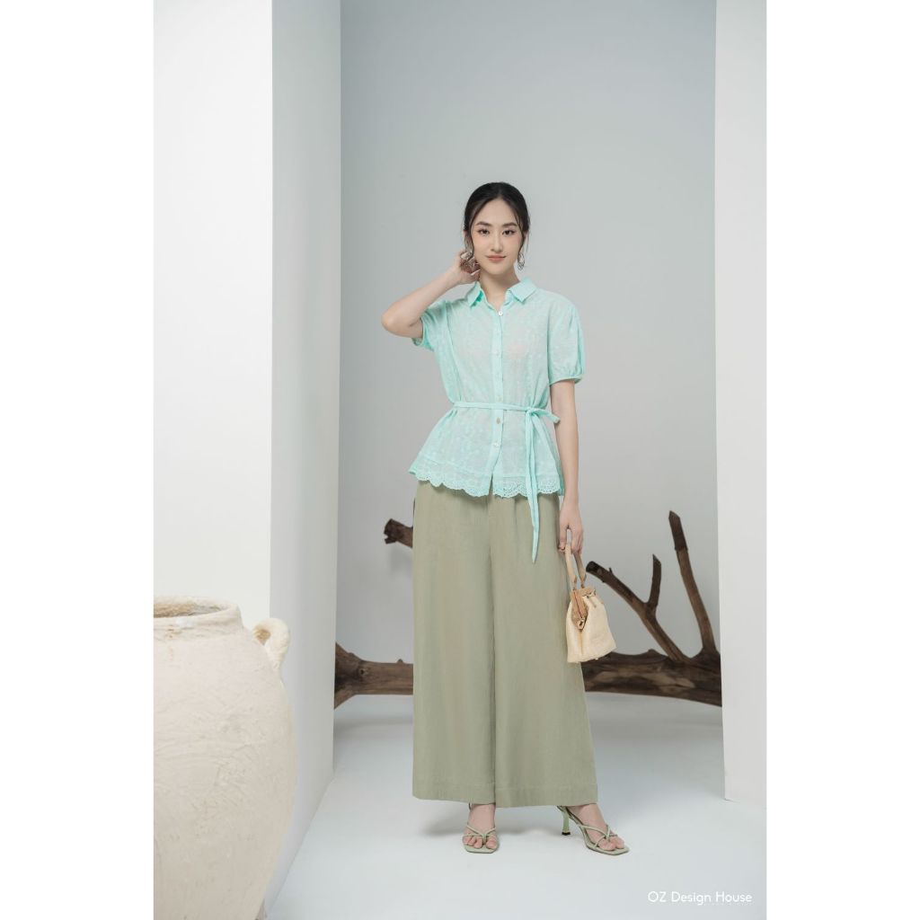 OZ Design House เสื้อ AO02599RST24 เสื้อลูกไม้ผ้าฝ้ายคอปกเยอรมันแขนสีฟ้าอ่อน