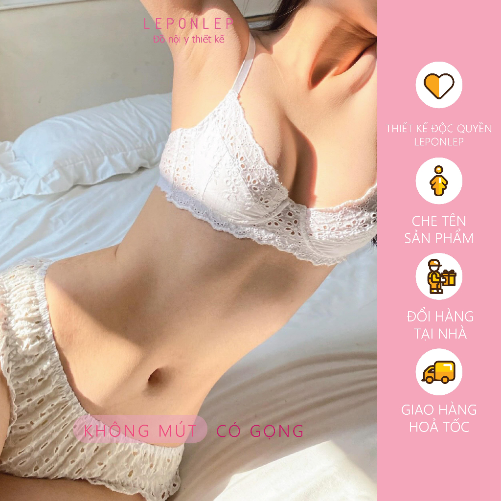G01 MER LEPONLEP Underwire Lingerie SET งานปักดอกไม้สีขาวน่ารักอ่อนเยาว์