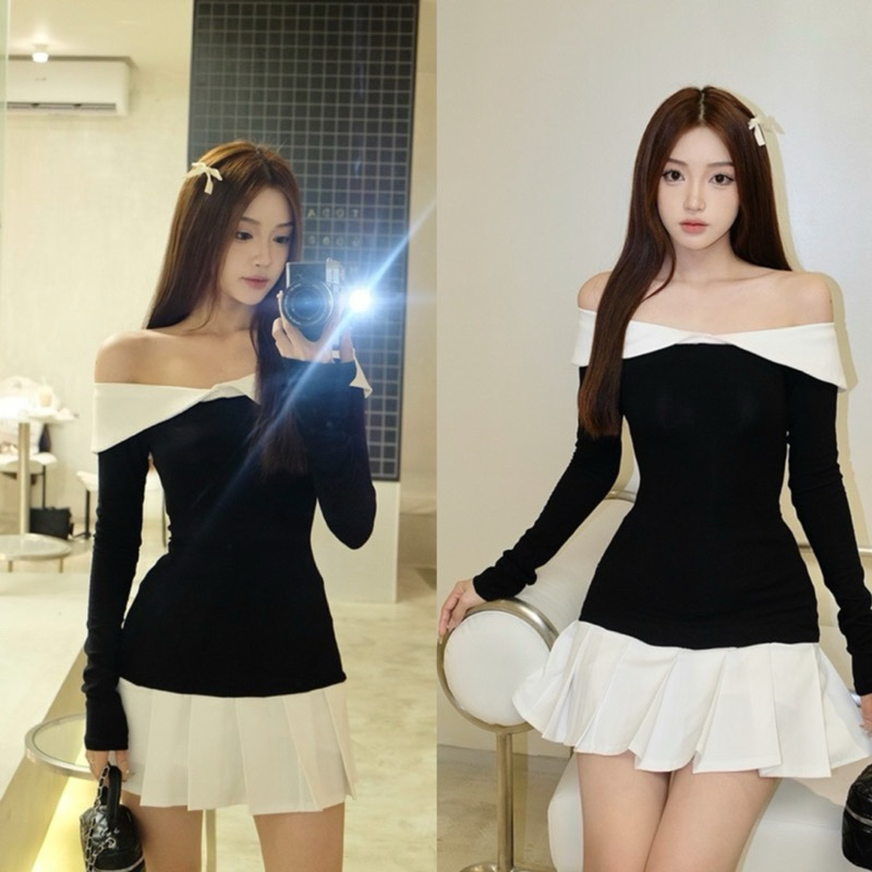 ชุดเดรสเปิดไหล่สีดําเข้ารูปผู้หญิงจับจีบสีขาวยืดสไตล์เลดี้ - QuynhTrangBasic