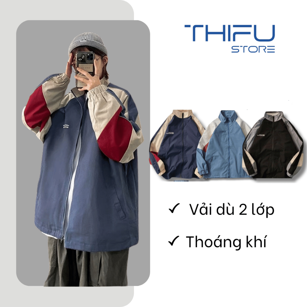 Unisex ผู้ชายและผู้หญิง Bomber Jacket ครีมกันแดด 2 ชั้น Cool หลวม Format ผสมสีโลโก้พิมพ์ HEBFN