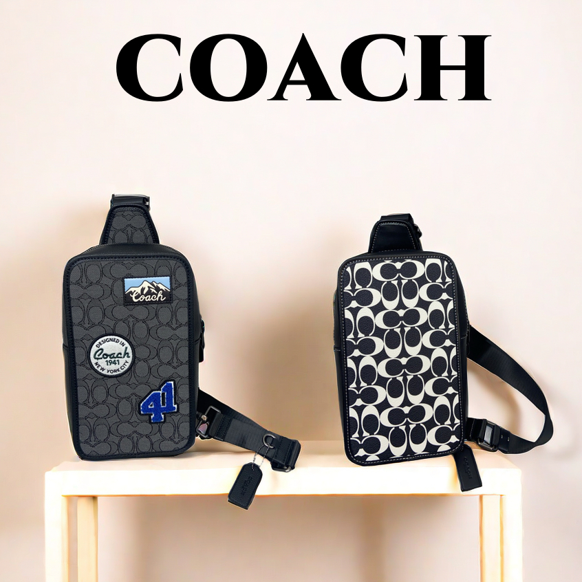 COACH โค้ชผลิตภัณฑ์ใหม่ลายเซ็นคอลเลกชันเอวคลาสสิกสีดำและสีขาวพิมพ์ C แฟชั่นกระเป๋าสะพายไหล่เอียงกระ