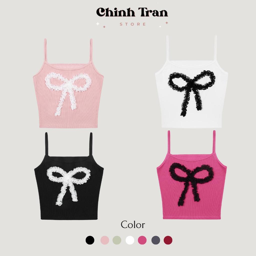 เสื้อครอปสายสปาเก็ตตี้ผูกโบว์ลูกไม้สีสันสดใสน่ารัก - พิชิตร้านค้า
