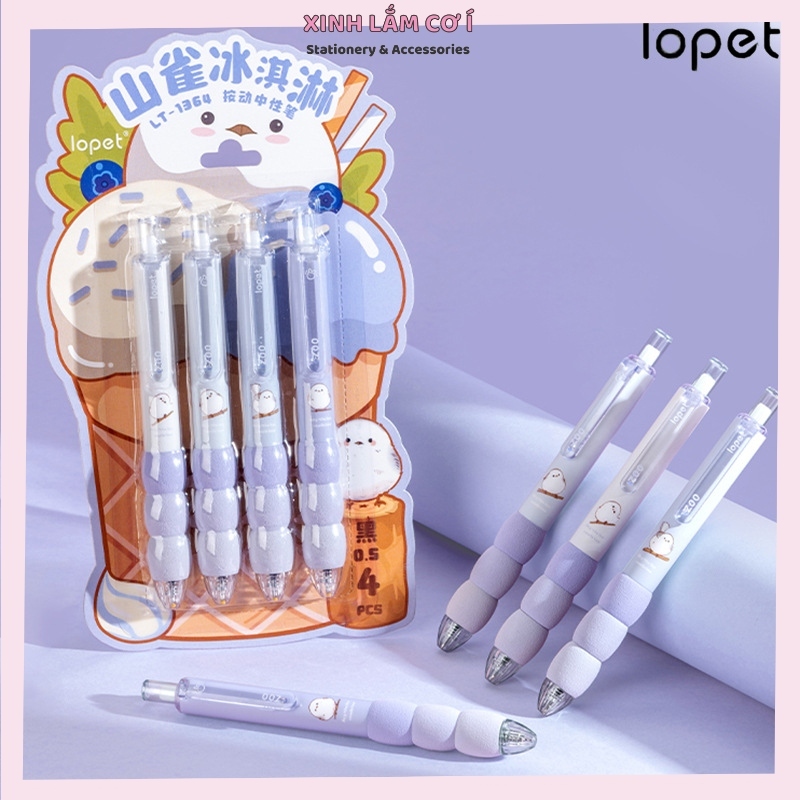 ชุดปากกา LOPET ZOO GEL 4 ชิ้น หมึกสีดําแห้งเร็วพร้อมแผ่นรองมือสุดน่ารัก [Xinhlamcoi]