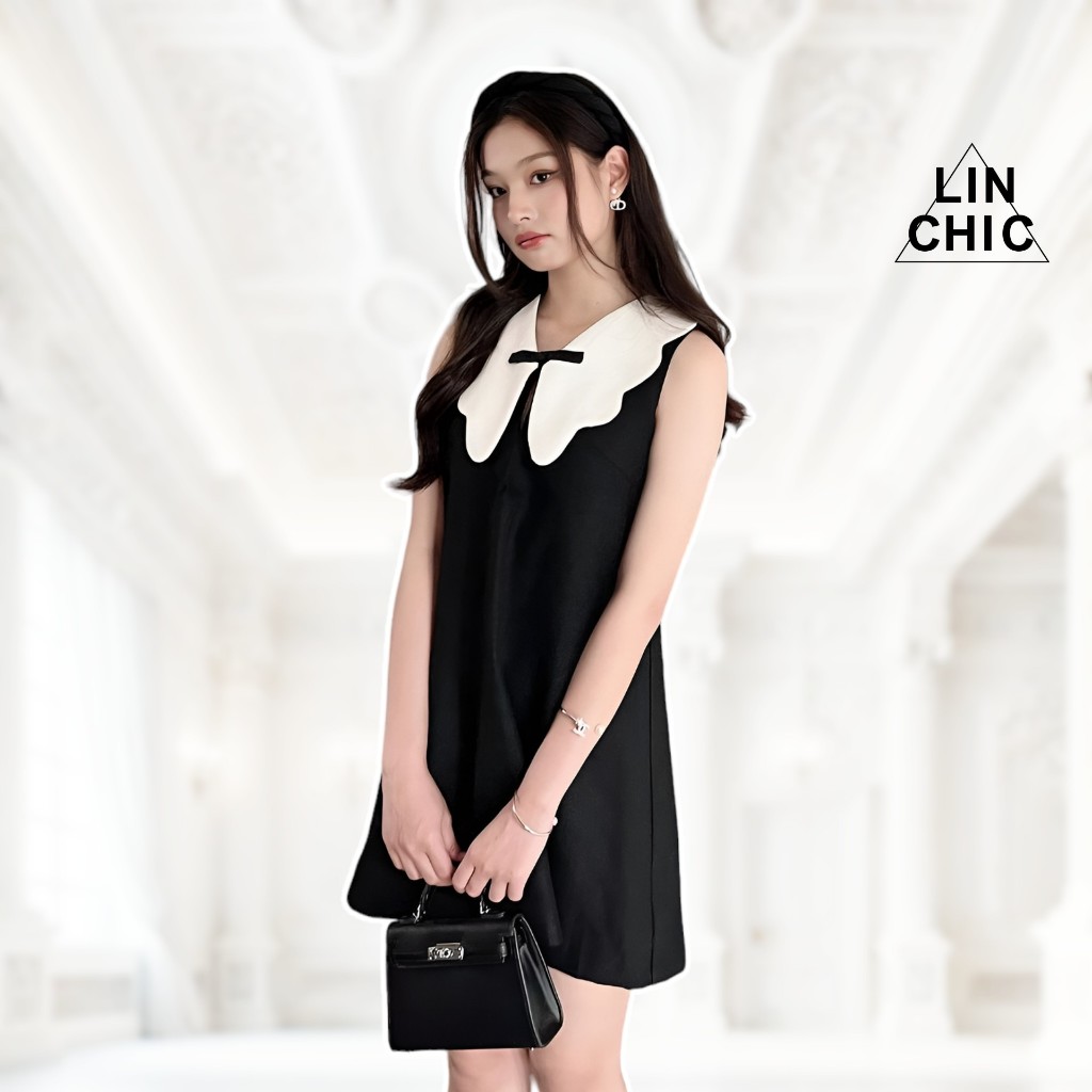 Linly Store เดรสสั้นคอปก V-VPC1 ชุดราตรีผ้าทวีตหลวม
